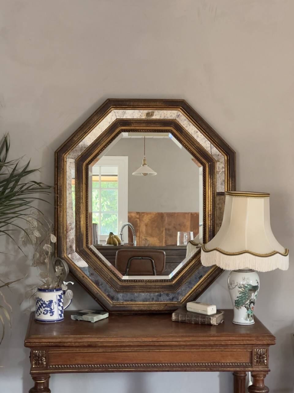 Vintage octagonal gold mirror – Belgium, 1960s/1970s
