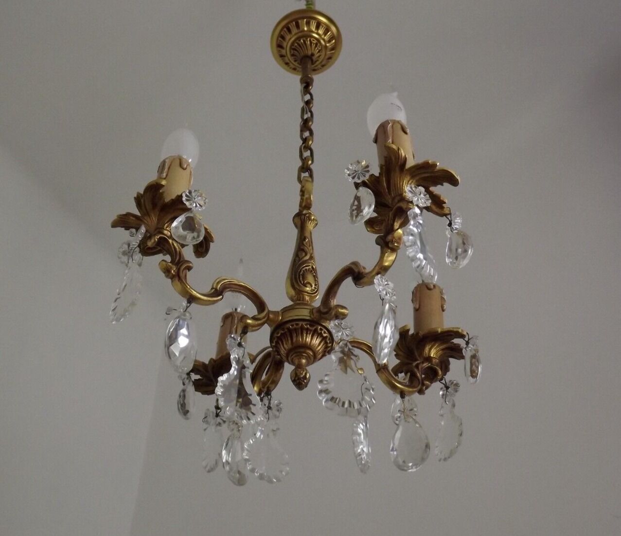 Vintage french brass 4 light chandelier assorted faceted crystal 4007