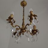 Vintage french brass 4 light chandelier assorted faceted crystal 4007