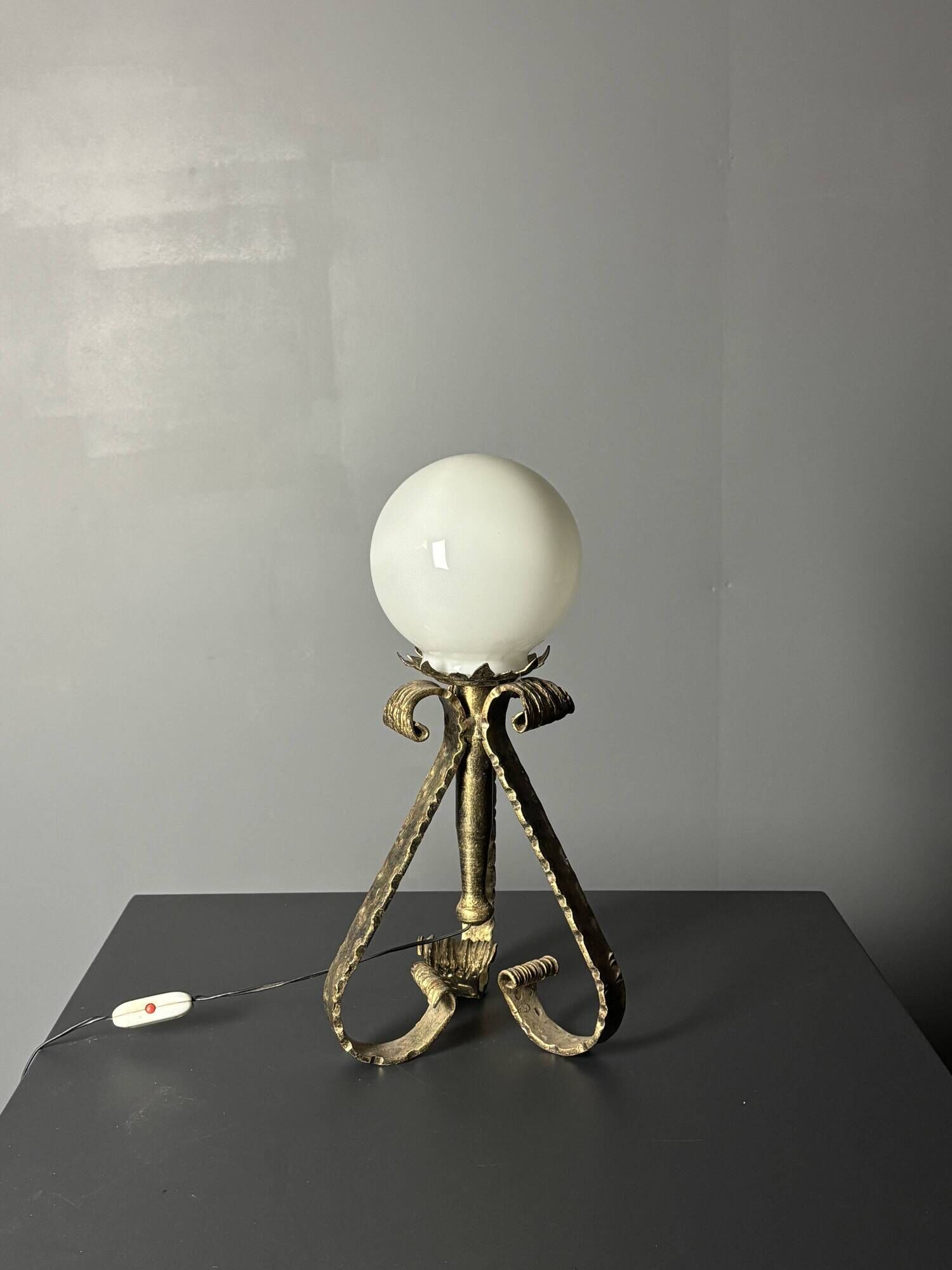 Midcentury brutalist wrought iron and opaline table lamp, Spain ca 1960s