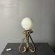 Midcentury brutalist wrought iron and opaline table lamp, Spain ca 1960s