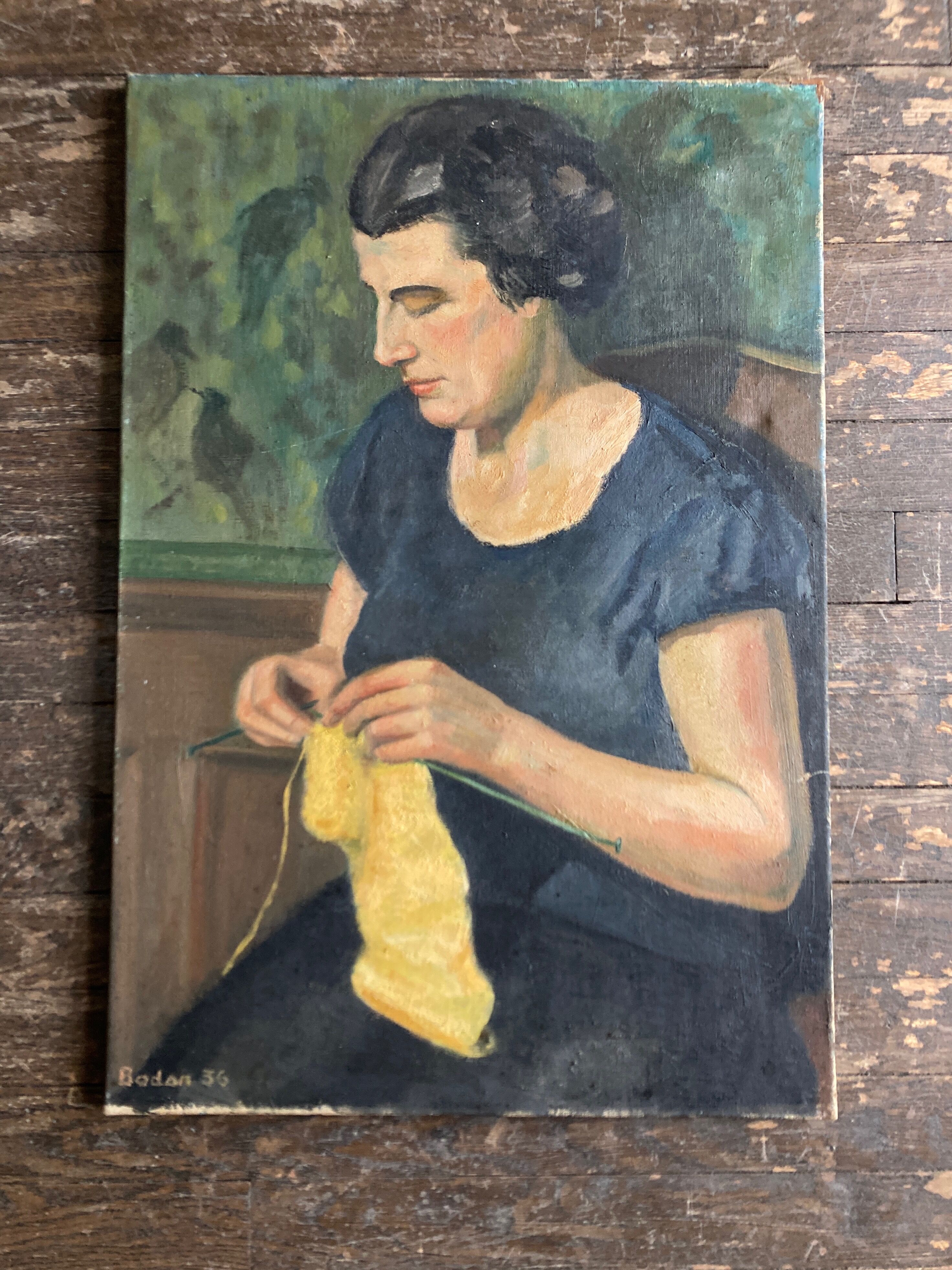Portrait Woman knitting interior scene oil on canvas 1936