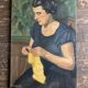 Portrait Woman knitting interior scene oil on canvas 1936