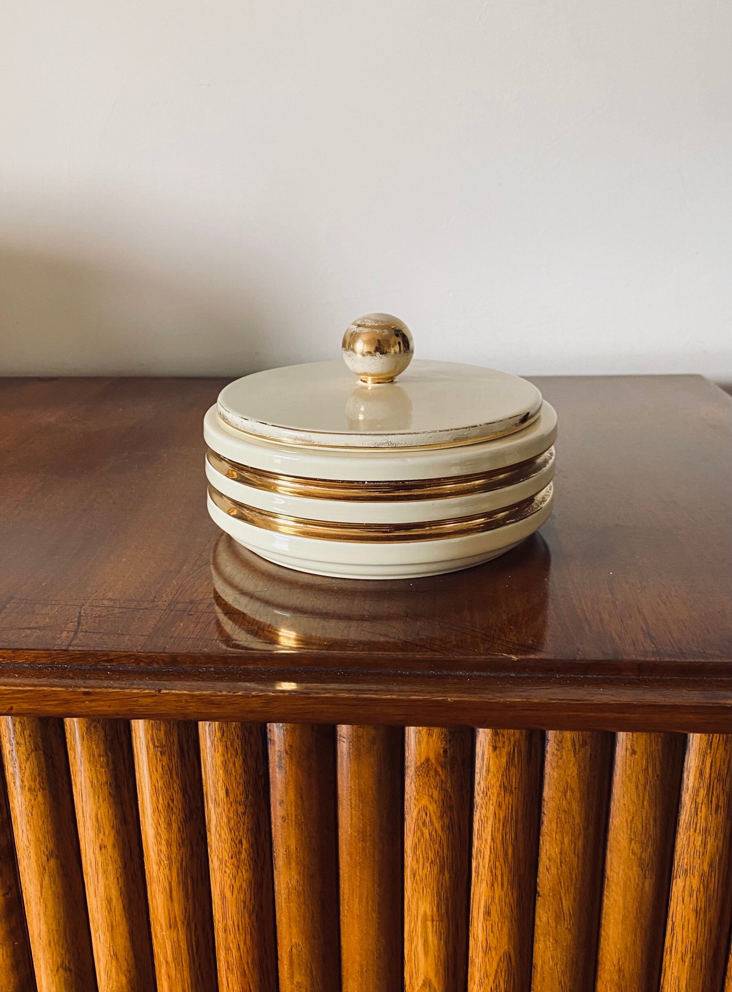 Jean Robj, Art Deco white and gold ceramic box, Robj Paris, France 1930s