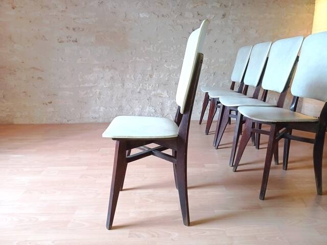 5 vintage chairs from the 60s, white leatherette, mahogany wood