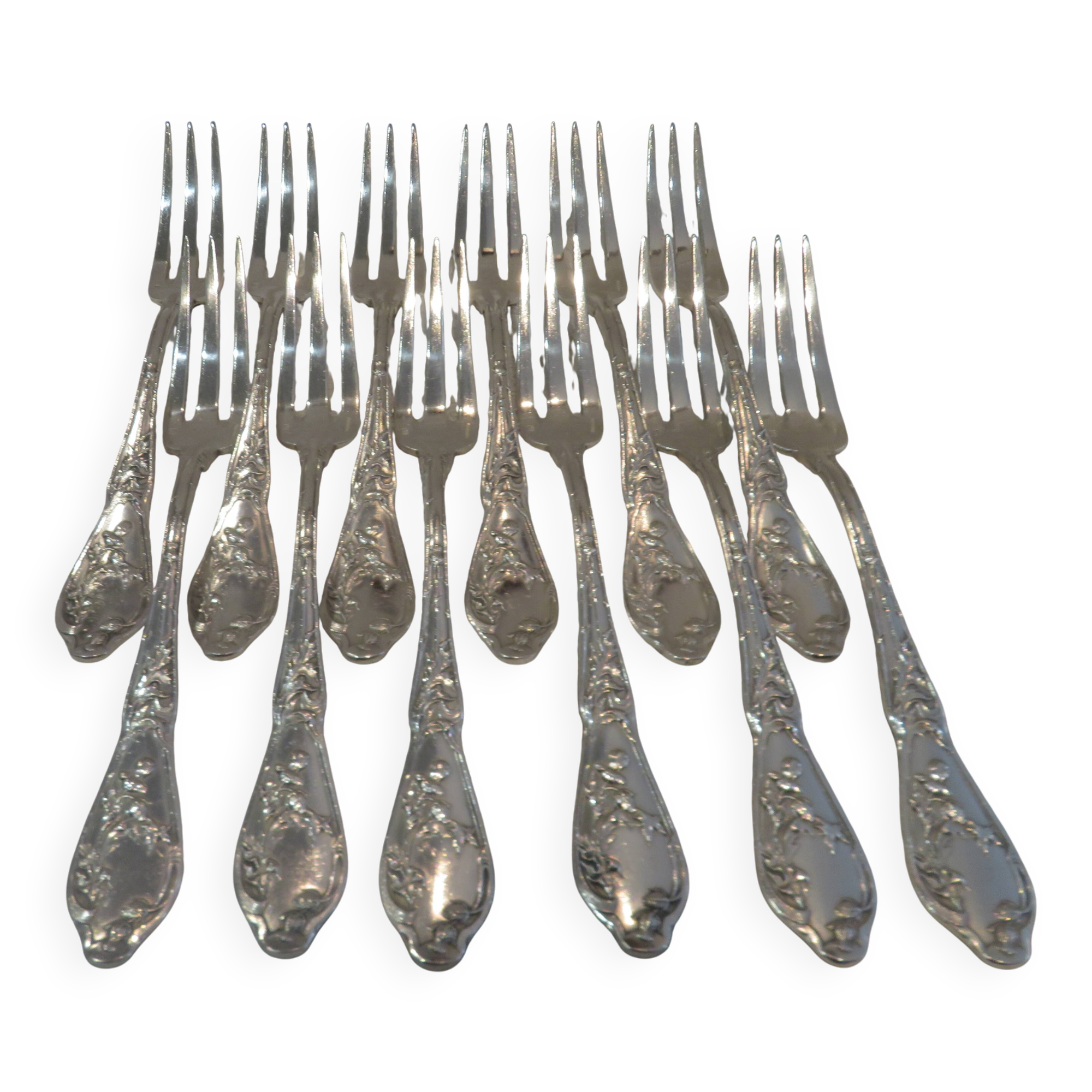 12 silver plated table forks by Boulenger, Art Nouveau Chardons
