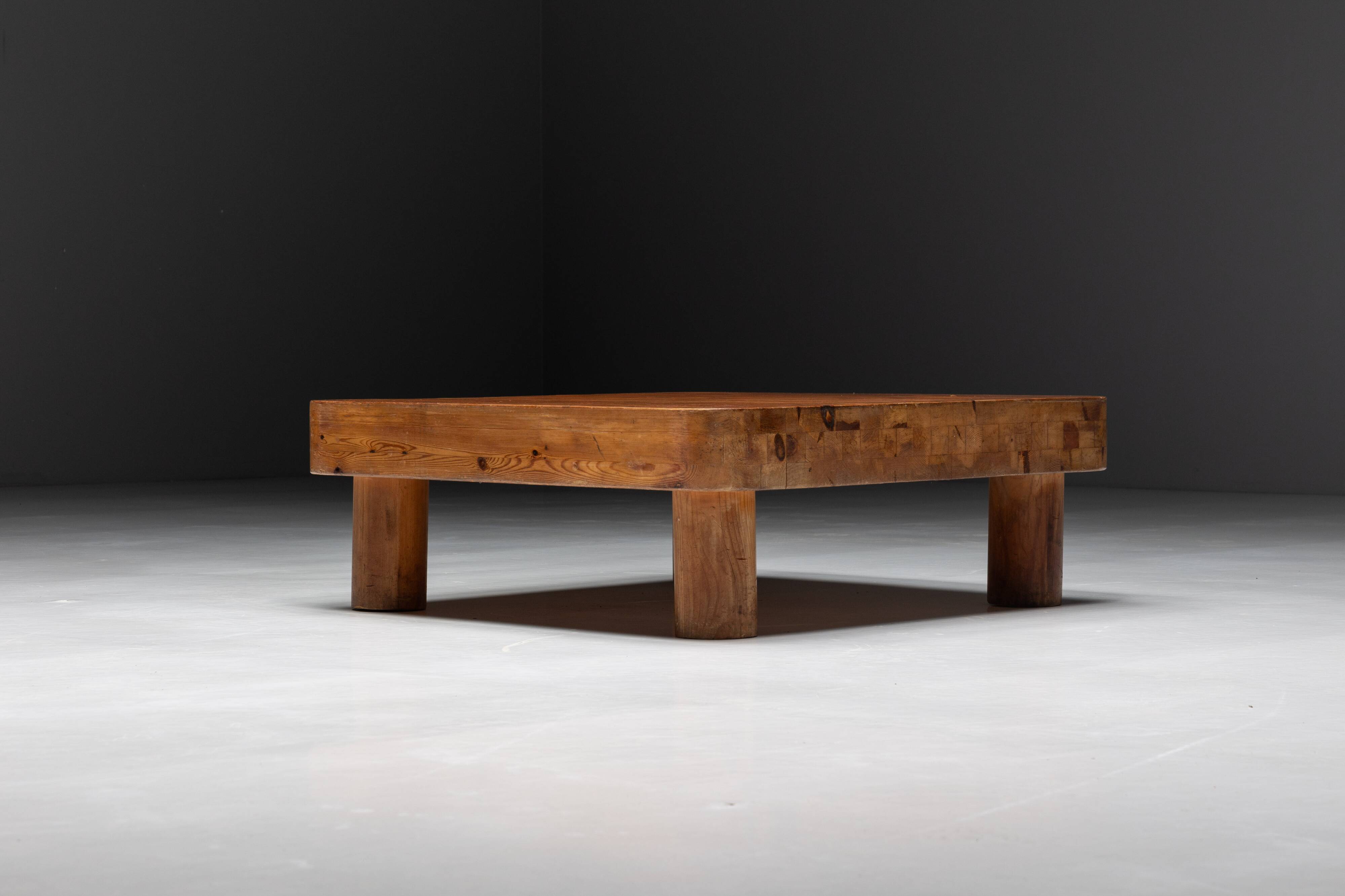 Brutalist pine low coffee table, France, 1960s