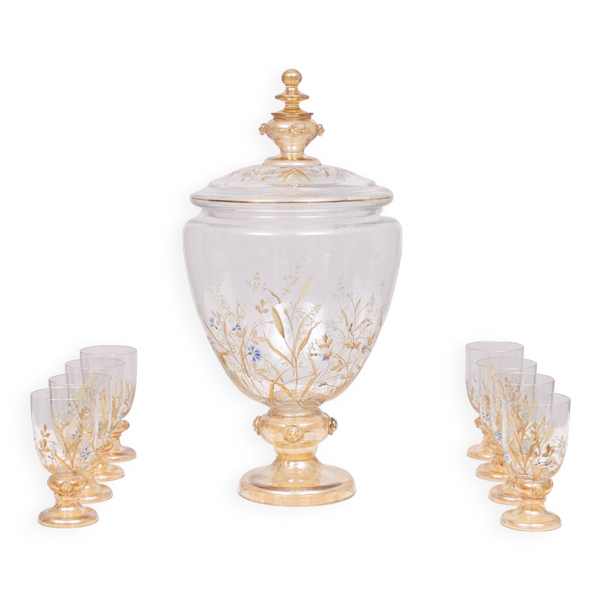 Stunning Antique Enameled Glass serving set for fruit, dessert or punch. 1880