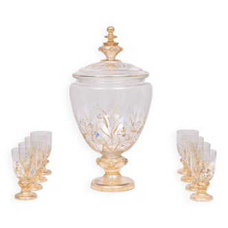 Stunning Antique Enameled Glass serving set for fruit, dessert or punch. 1880