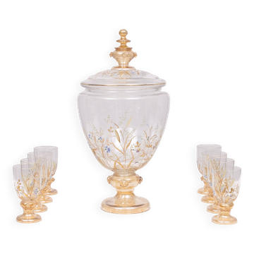 Stunning Antique Enameled Glass serving set for fruit, dessert or punch. 1880