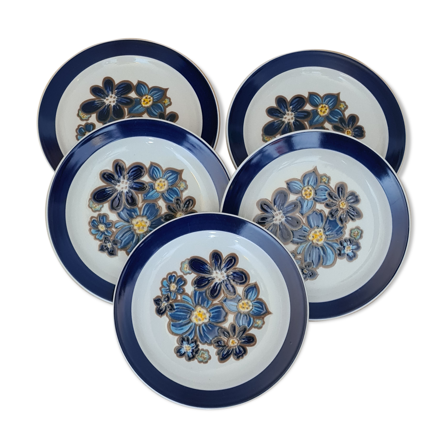 Faience Colditz Inglasur Lot 5 dessert plates blue flowers pattern