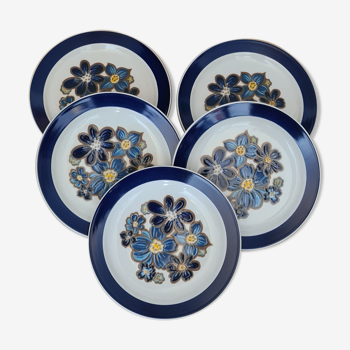 Faience Colditz Inglasur Lot 5 dessert plates blue flowers pattern