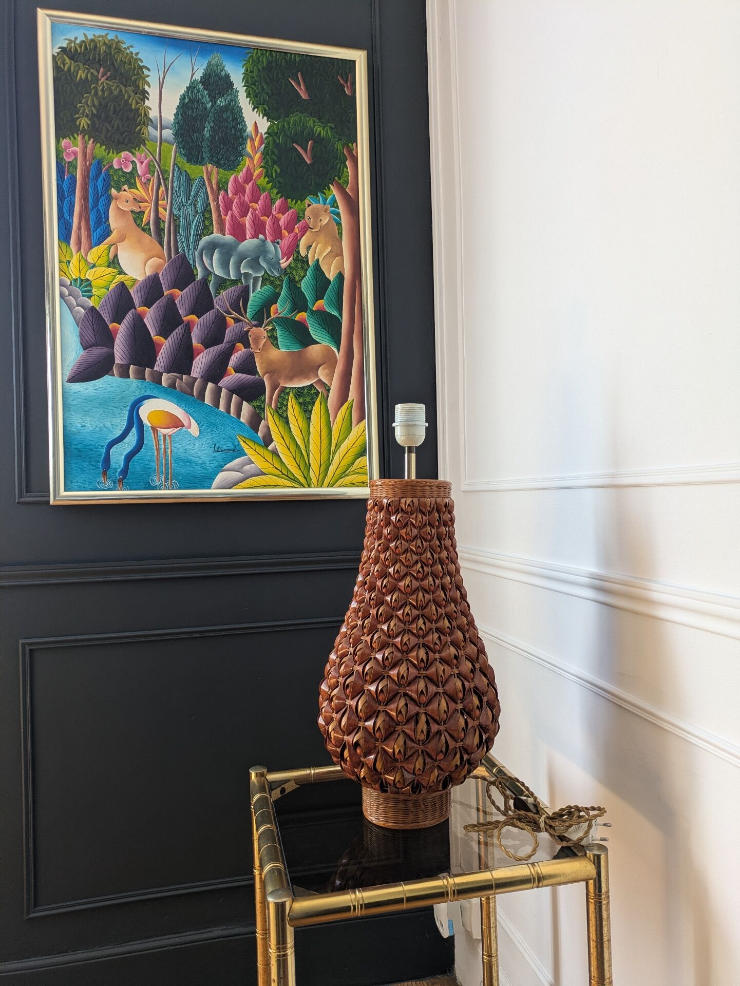 Large vintage woven lamp base in Riviera/Boho style from the 1970s.