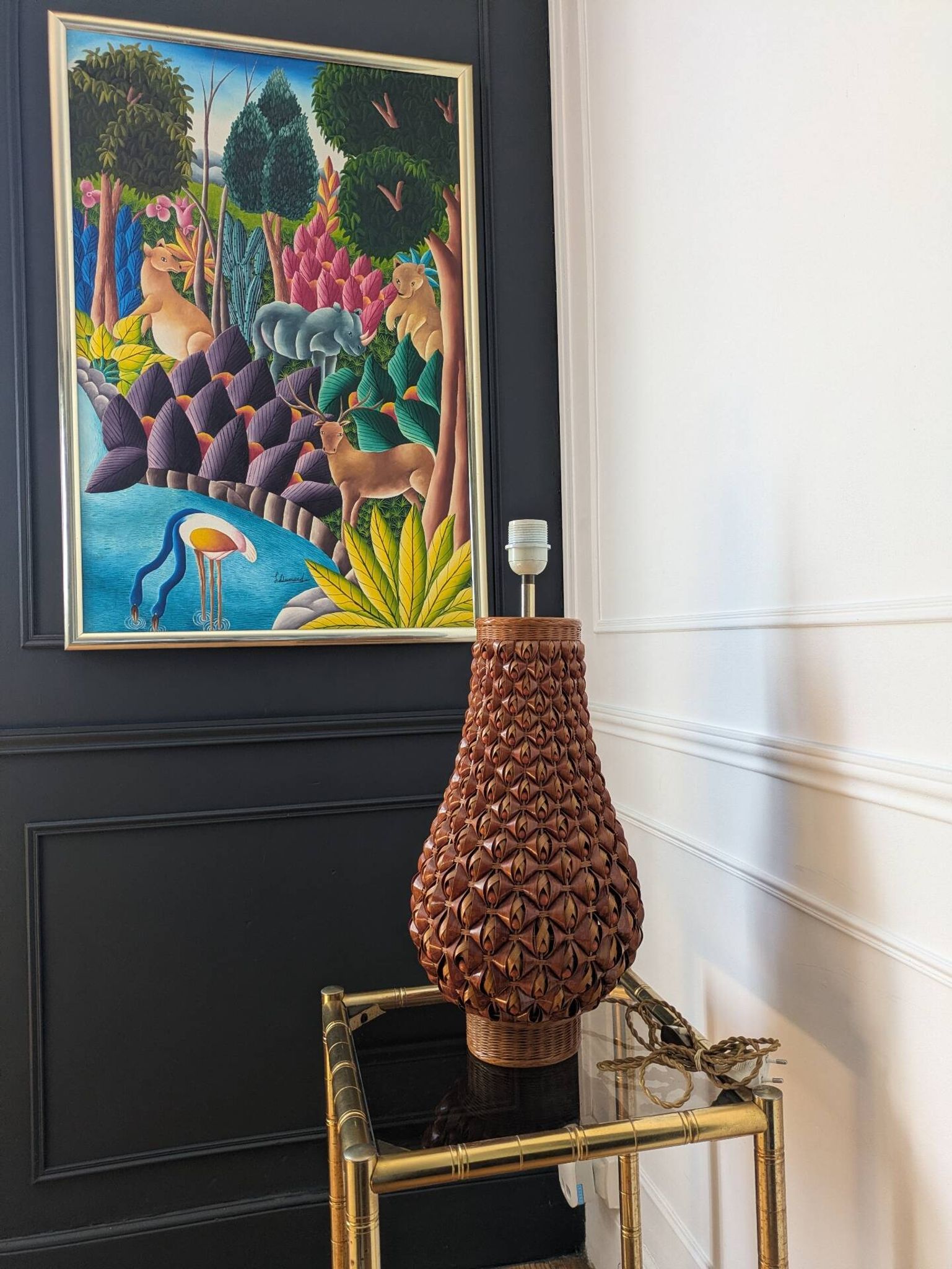 Large vintage woven lamp base in Riviera/Boho style from the 1970s.