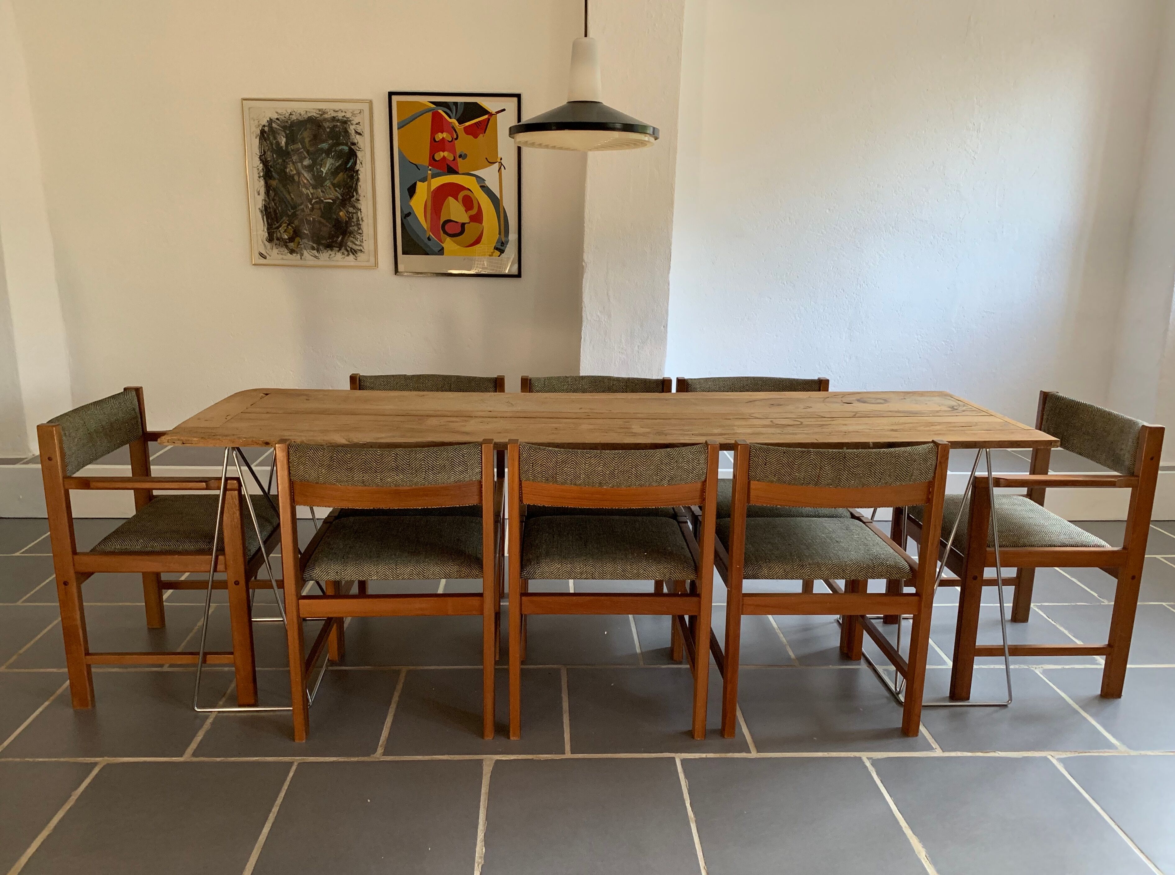 Set 6 chairs and 2 vintage Scandinavian teak and tweed chairs