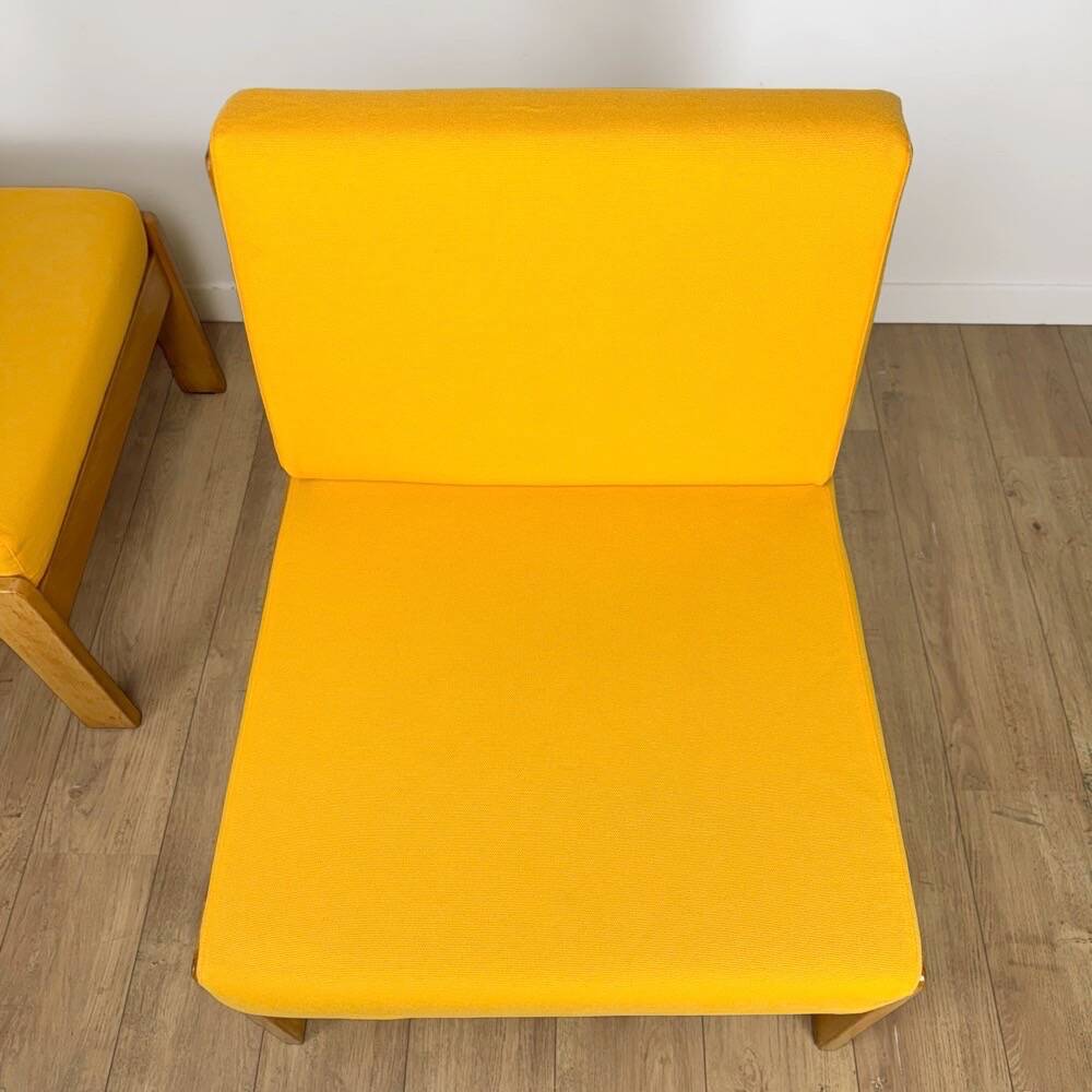 Pair of vintage Scandinavian armchairs in pine and fabric.