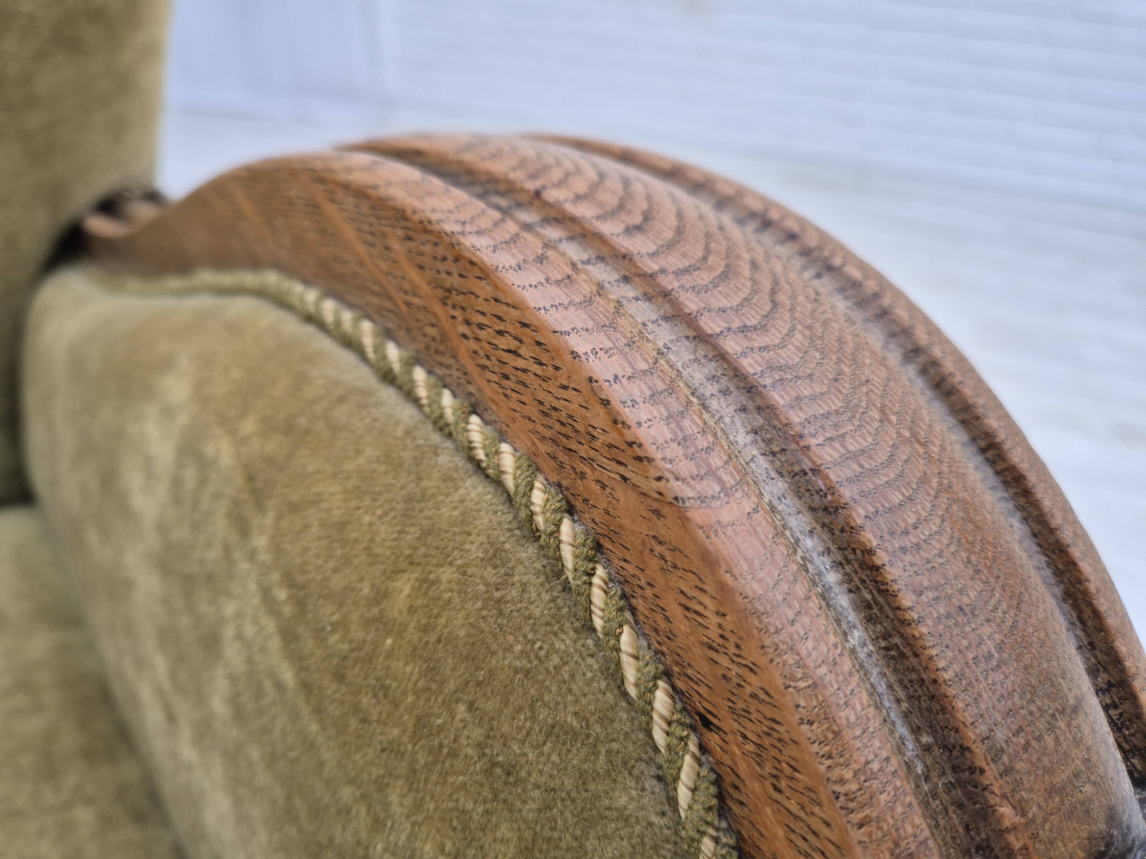 1960s, Danish relax armchair, green furniture velour fabric, oak wood.