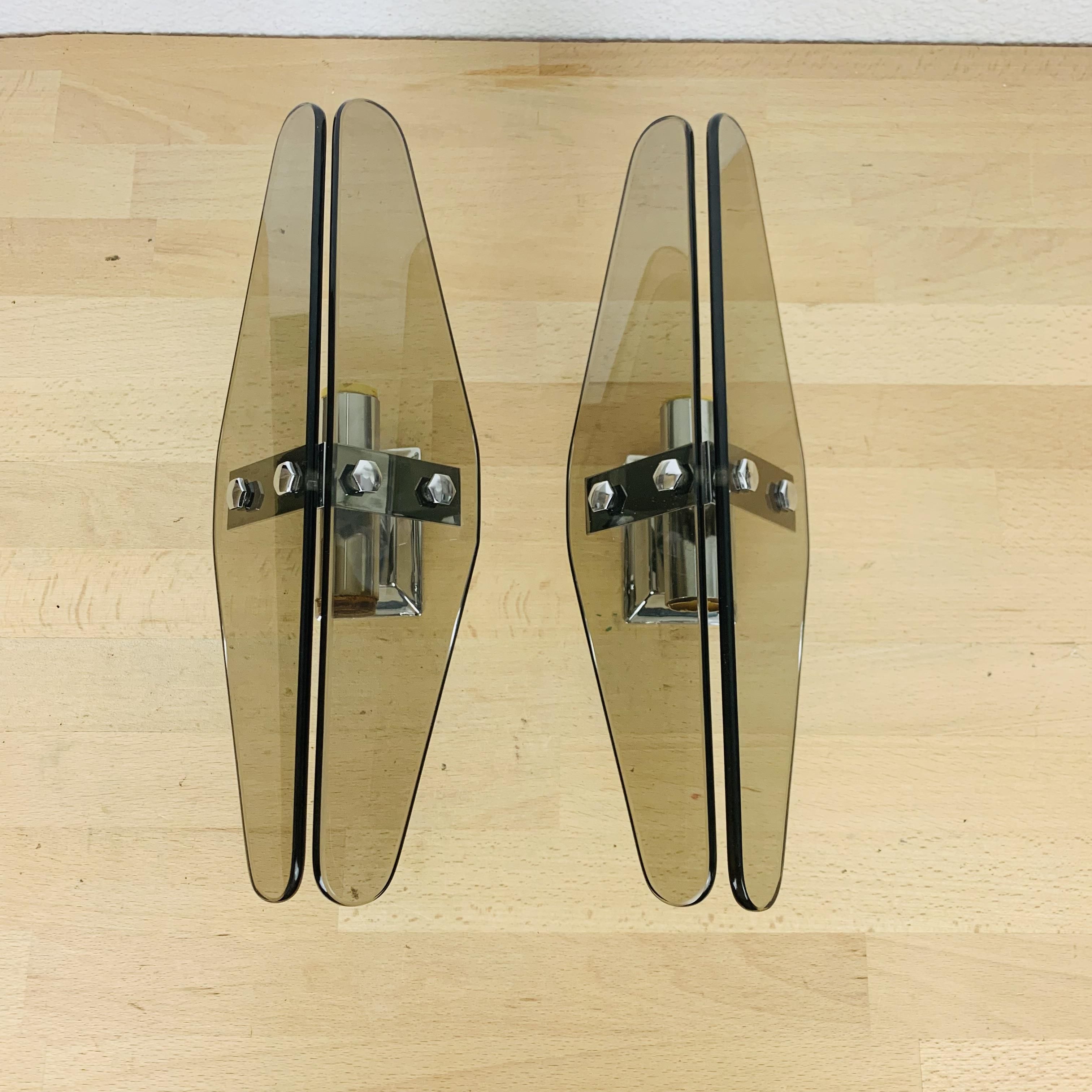 Pair of sconces smoked glass and chrome 70s