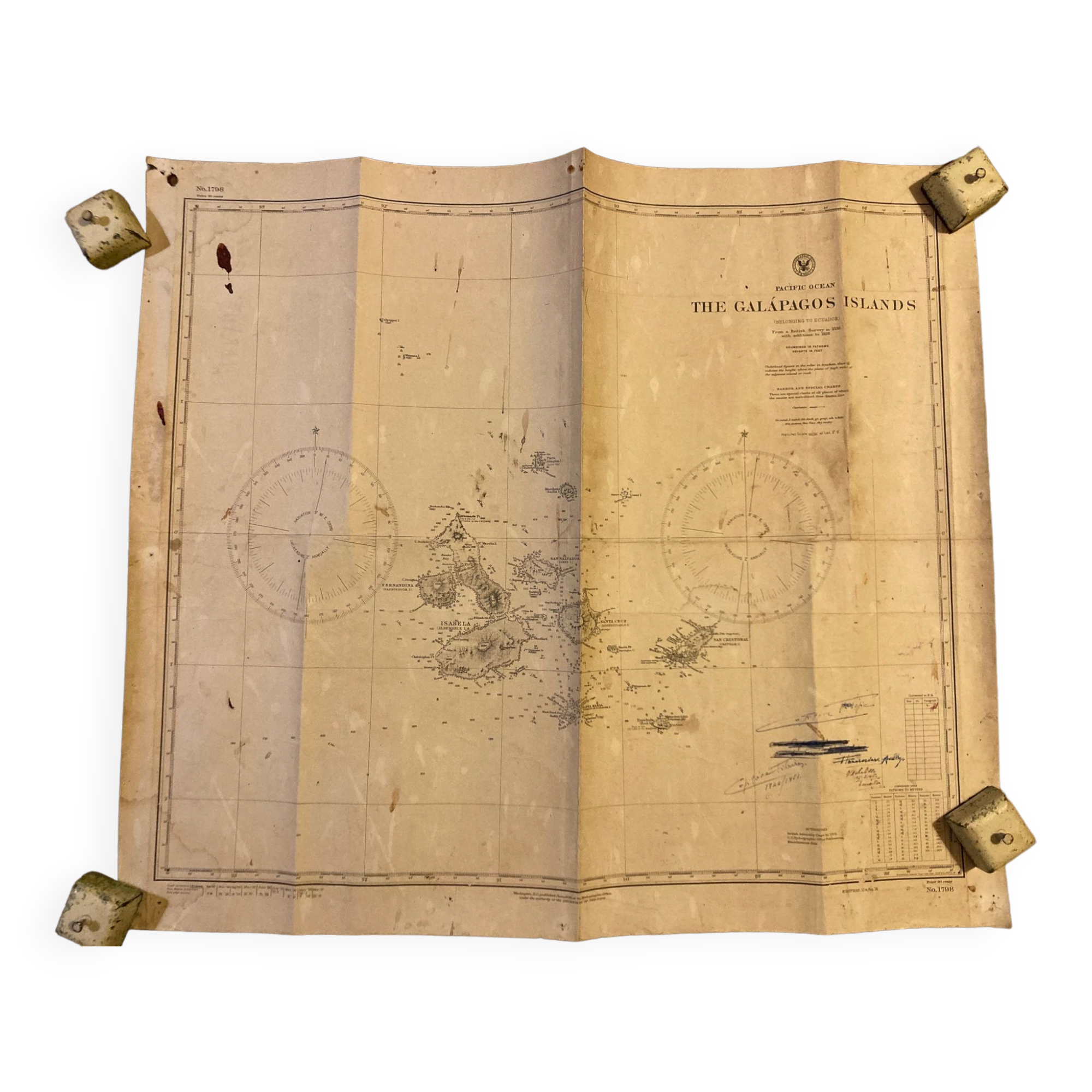 Old Galapagos maritime map with signature of the hydrographic US Navy captains