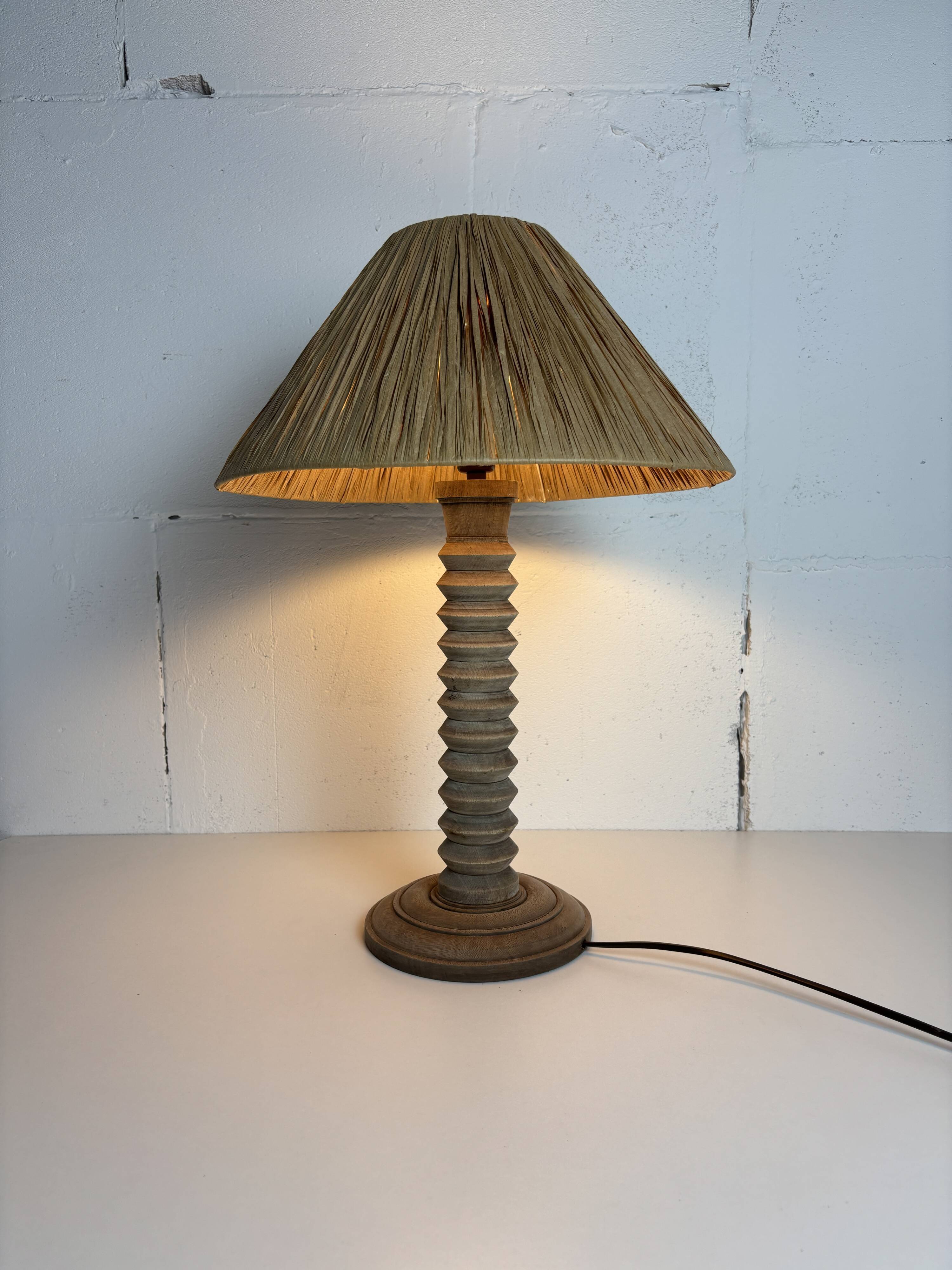 Wabi sabi brutalist wood turned table lamp in the style of Charles Dudouyt