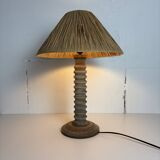 Wabi sabi brutalist wood turned table lamp in the style of Charles Dudouyt