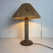 Wabi sabi brutalist wood turned table lamp in the style of Charles Dudouyt