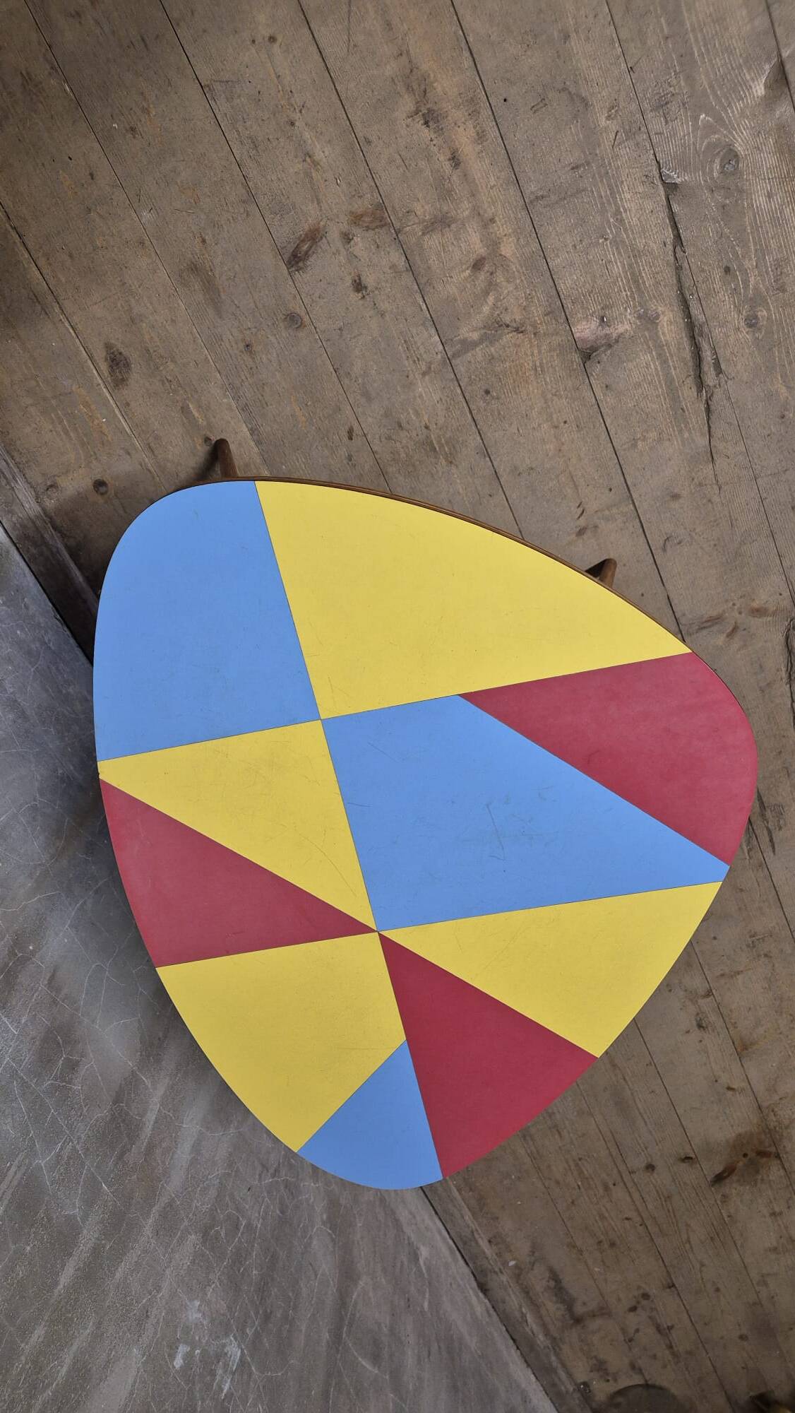 Czechoslovak table in Brussels style, made of oak and colourful umakart, 1950s.