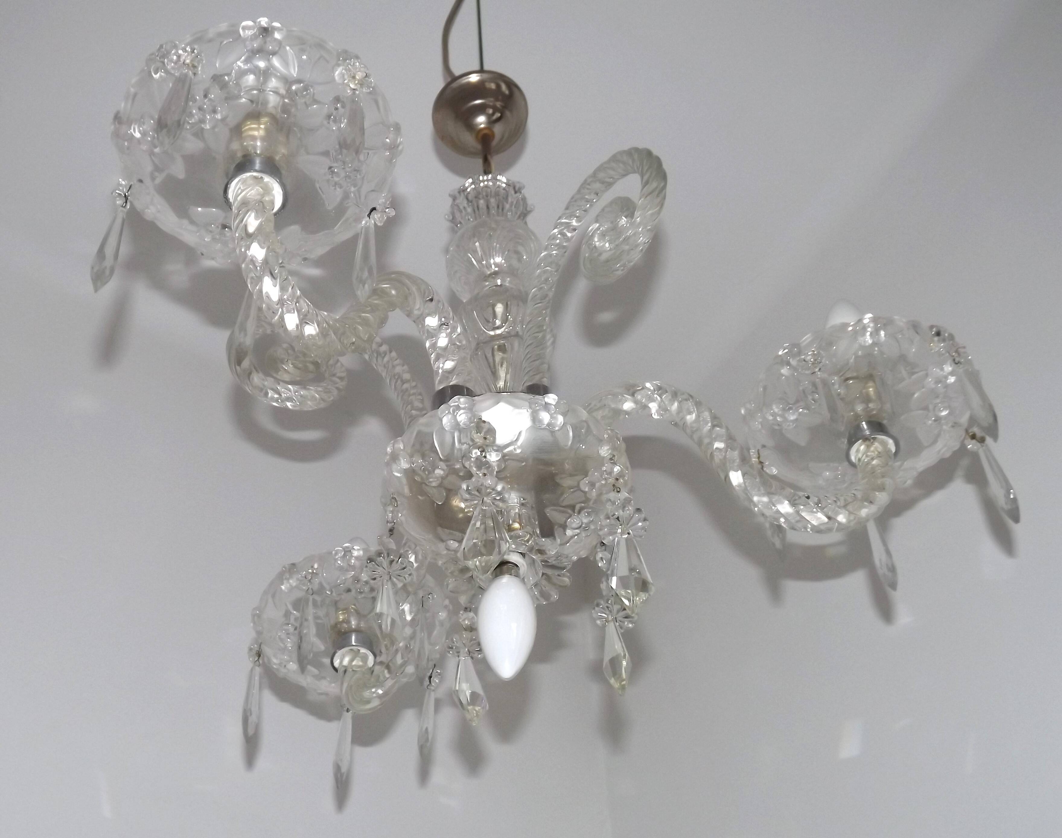 French antique glass and crystal barley twist three-armed four-light chandelier 5135