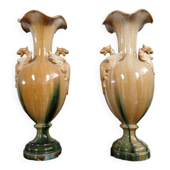 Delphin MASSIER (1836-1907) (after): Pair of large baluster-shaped earthenware vases