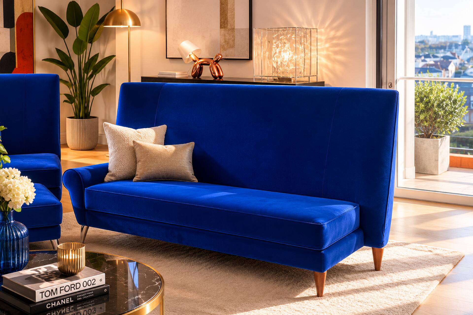 Blue velvet sofa Philippe Starck model Royalton