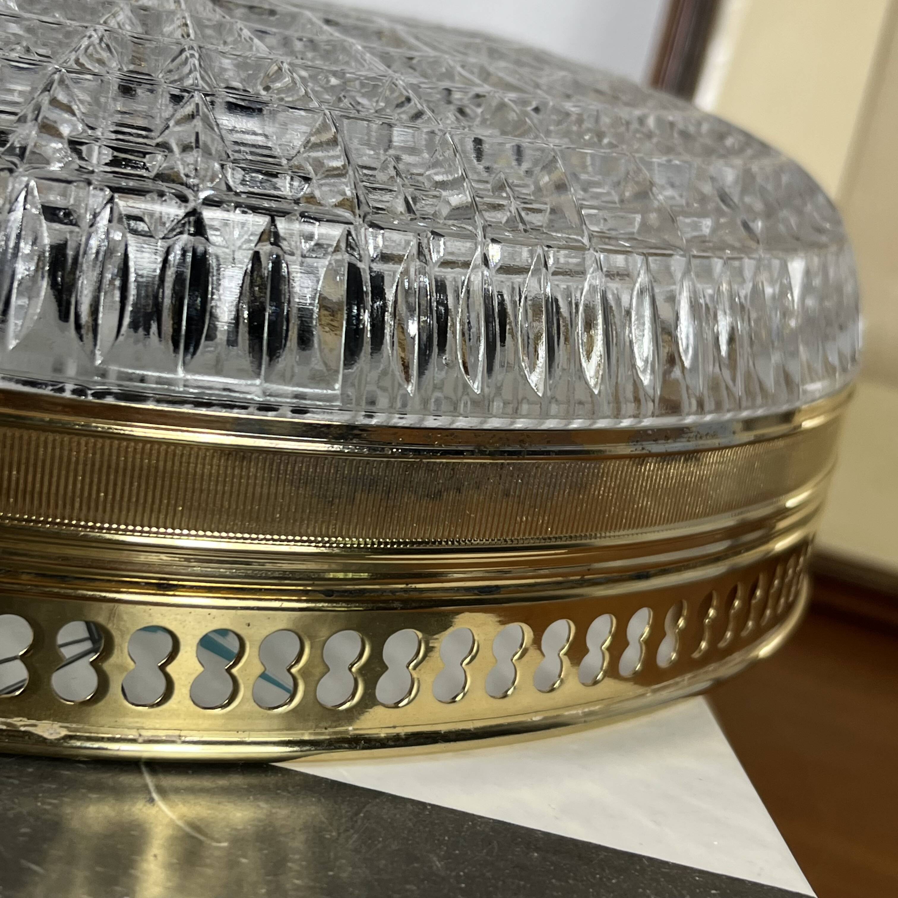 Glass and gold metal ceiling light, vintage model from the 1930s.