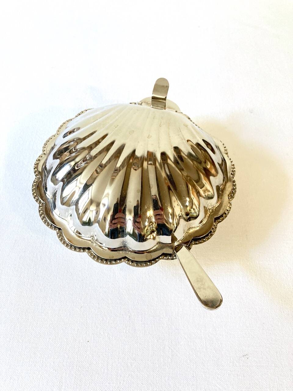Silver-plated metal shell butter dish, 1950s