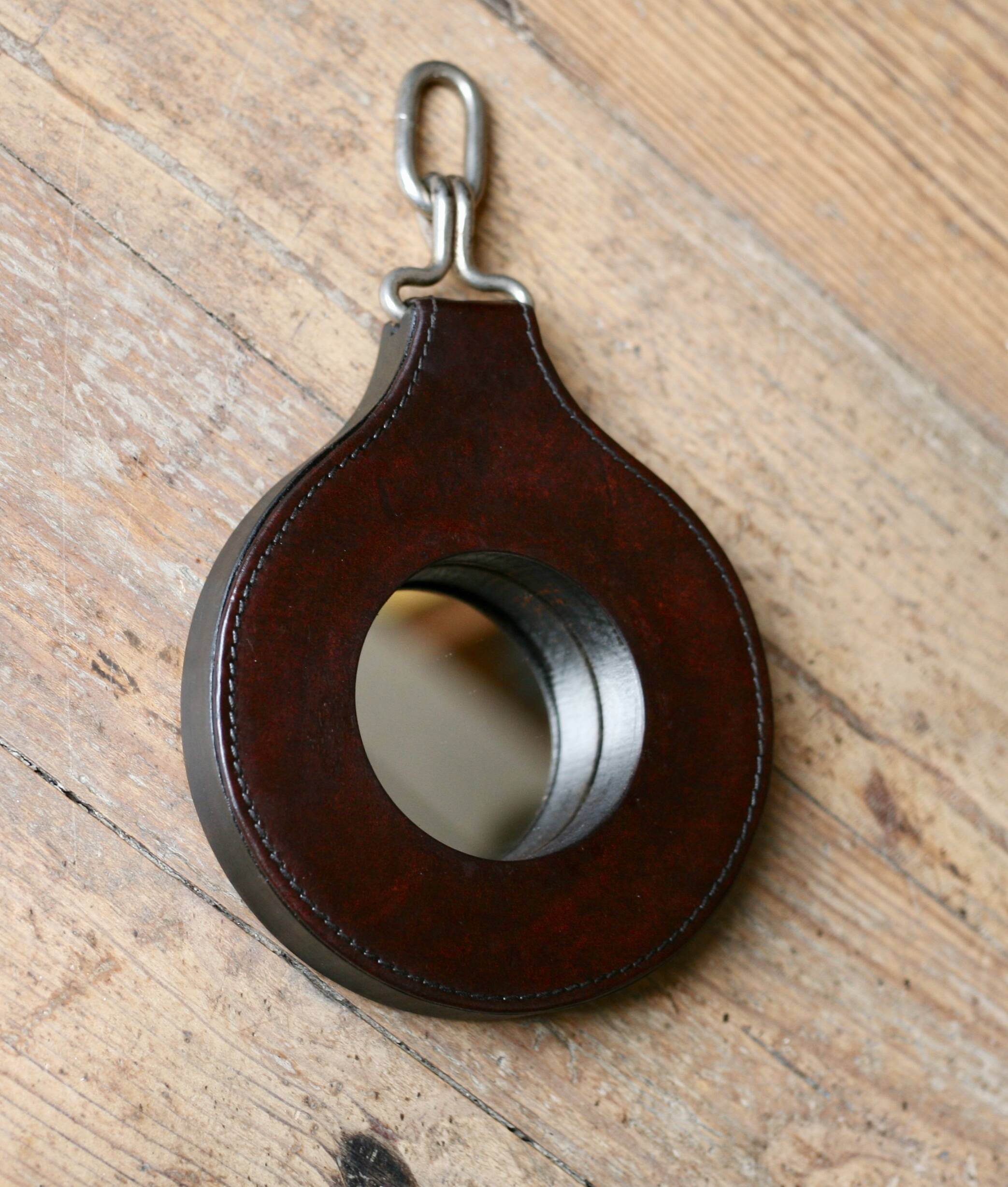 Lancel mirror, leather and wood, France 1960s