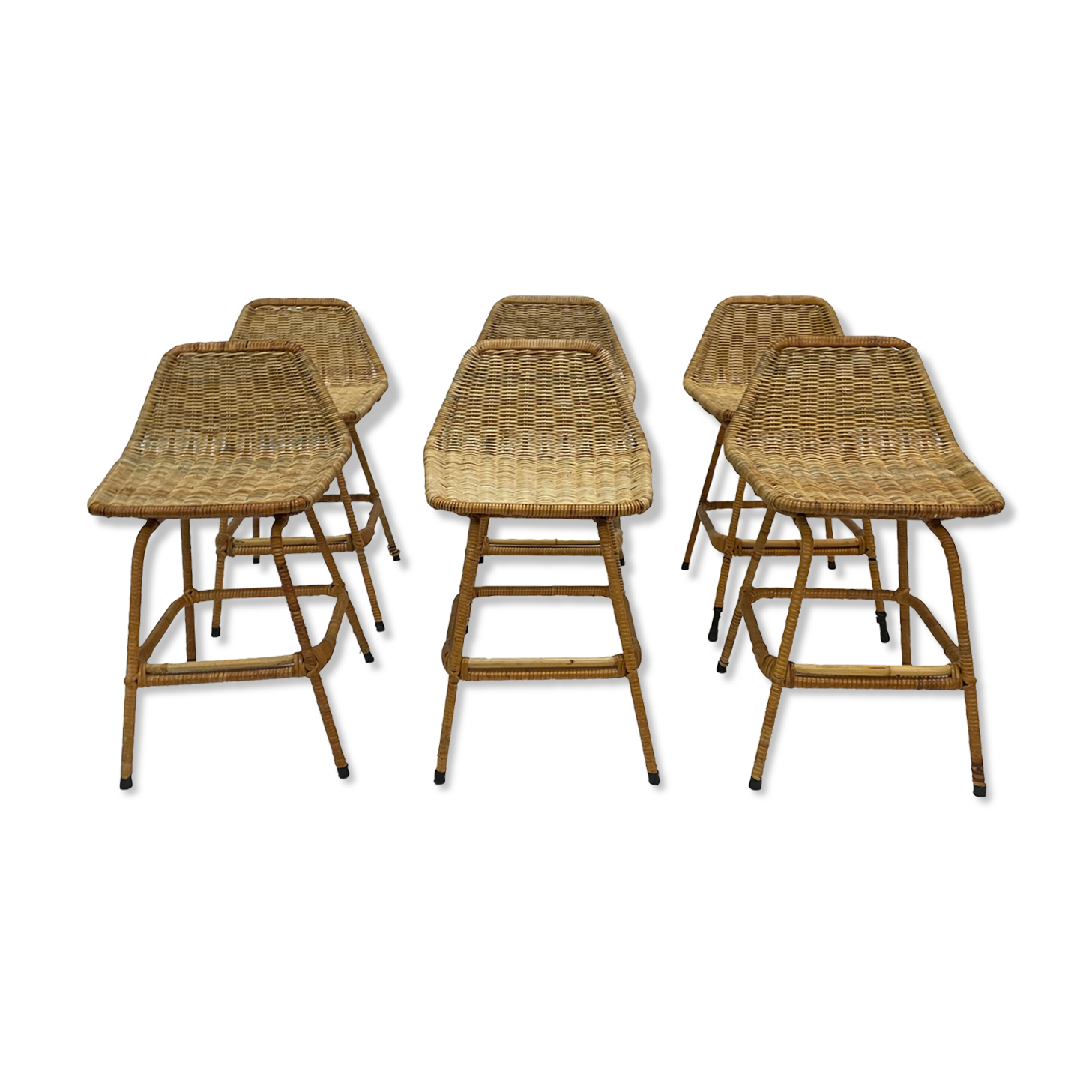 Suite of six vintage bar stools in rattan design Rohe 1960