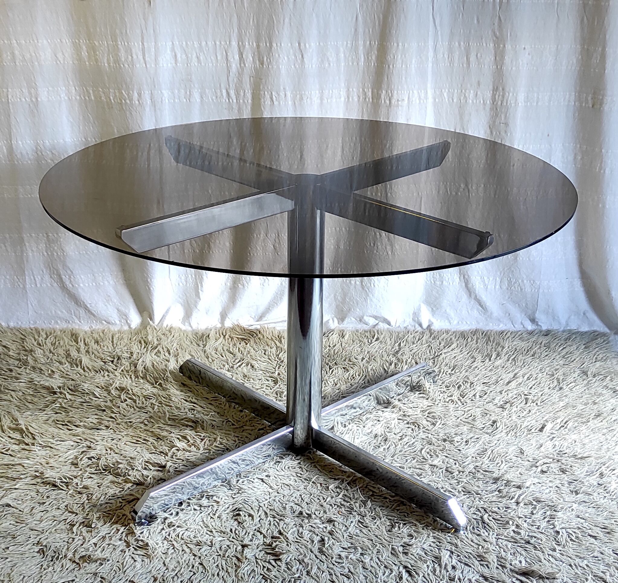 Roche Bobois dining table design chromed metal and smoked glass – 70s