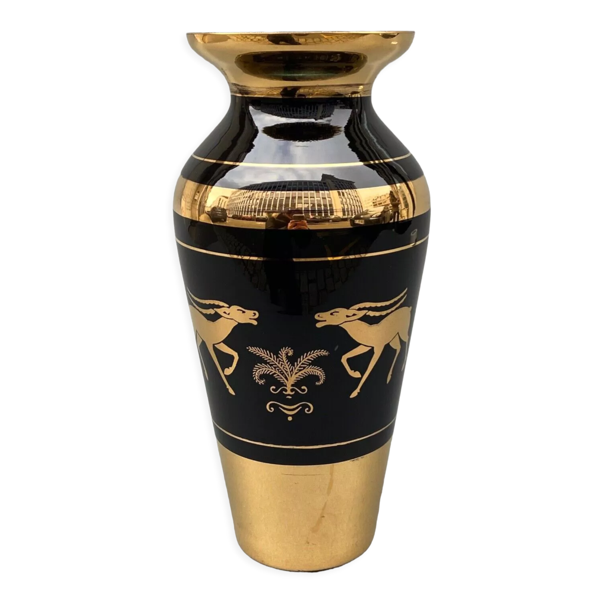 Vase in opaline or opaline glass 1960 decor golden antelopes