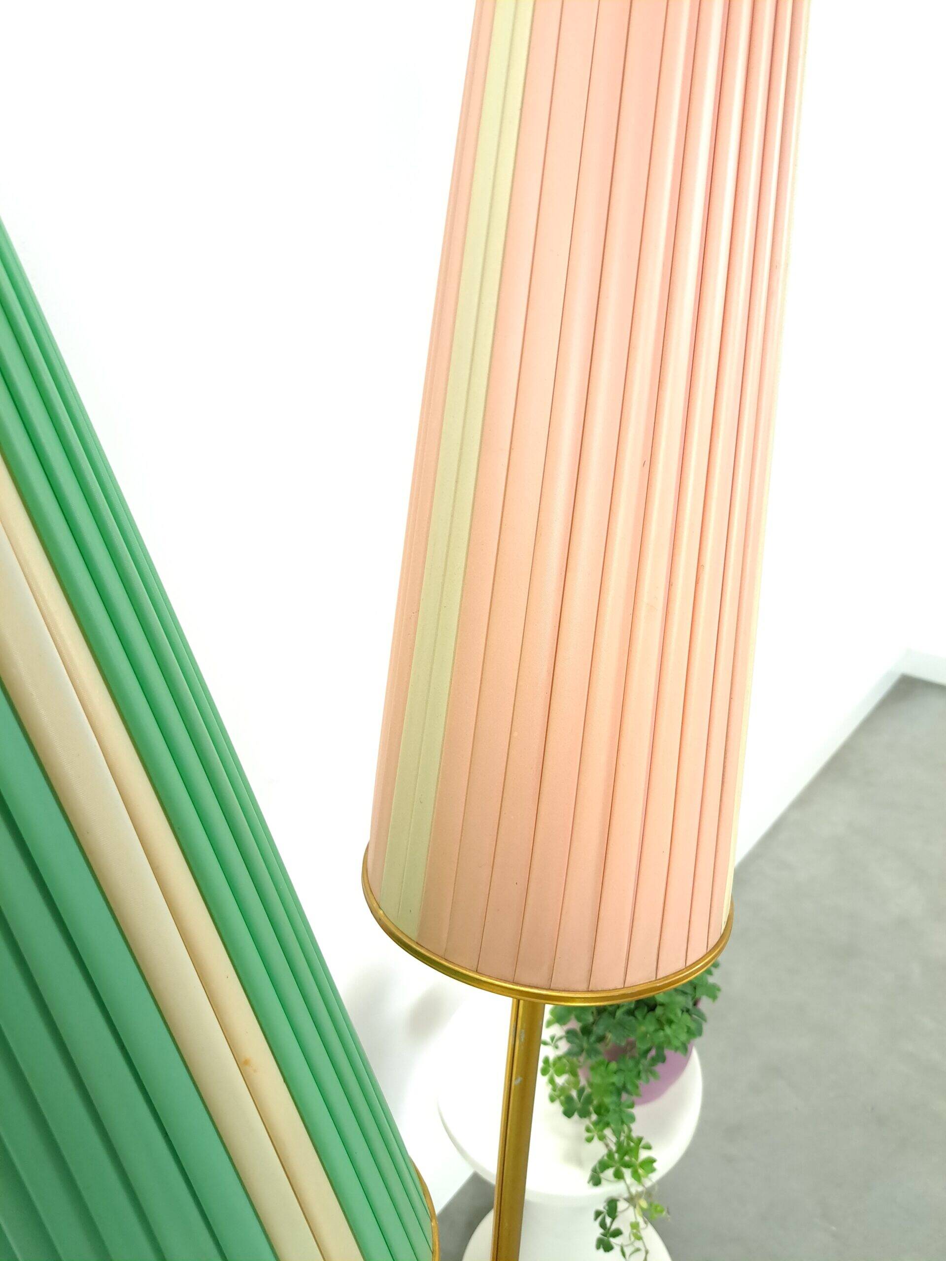 1950s floor lamp with pink and green shade and gold-coloured legs