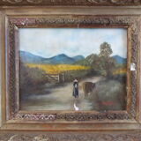 Painting on old panel framed and signed, cow and farmer