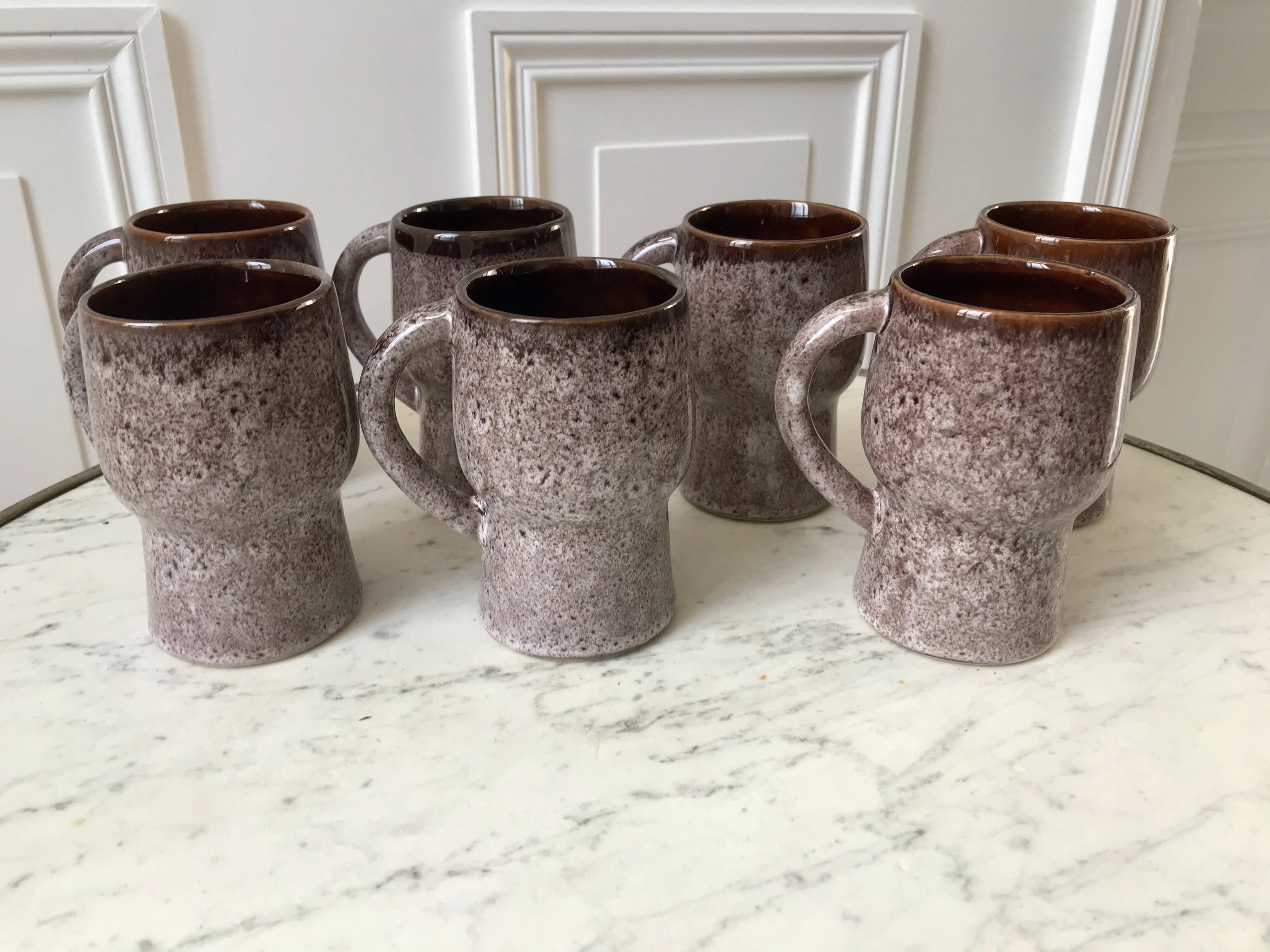 Set of 7 fat lava glazed ceramic mugs signed poët laval 70s