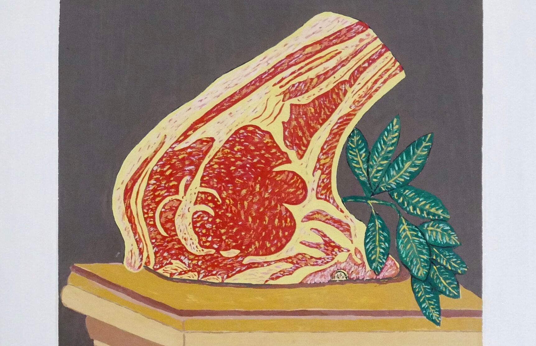 Painting, naïve painting signed: Still life, butcher's piece, 60s