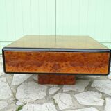 Vintage coffee table in elm magnifying glass 1970 - 70X70X35cm