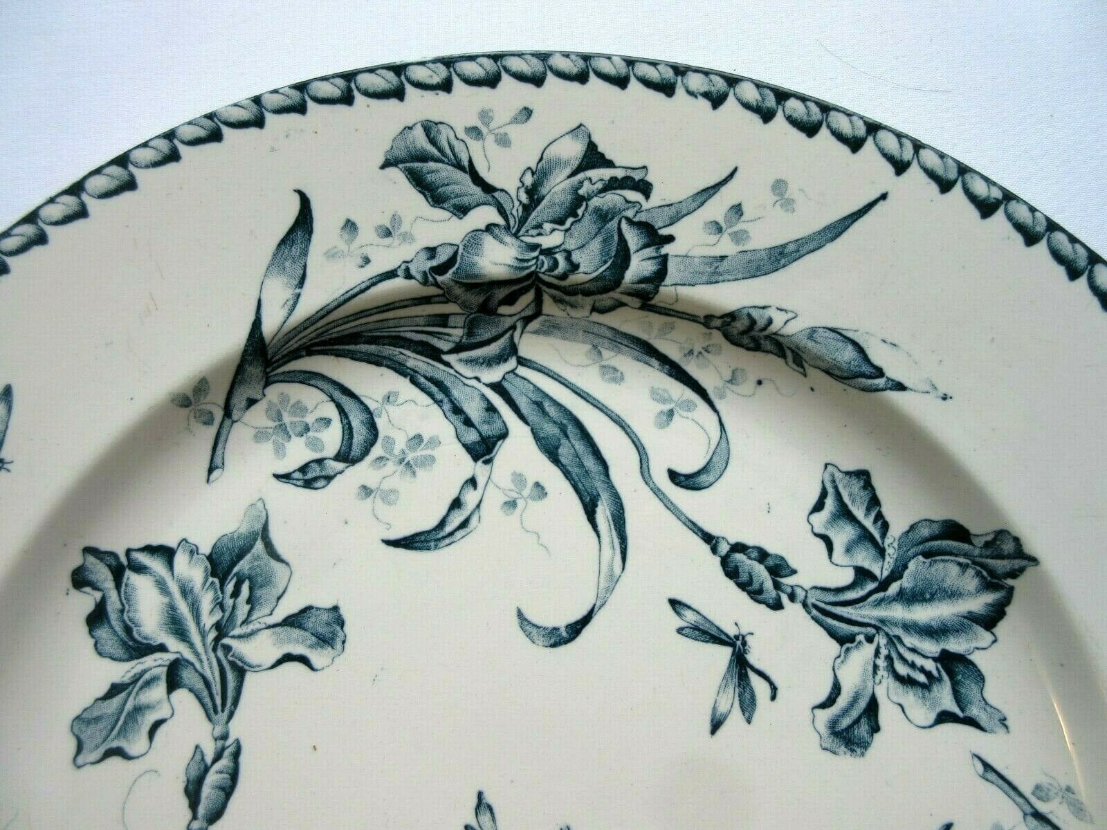 Badonviller Flat Round Dish, Blue Iris, Art Nouveau