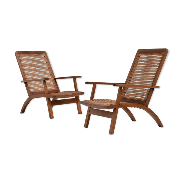 paire de fauteuils français en acajou et en canne années 1950