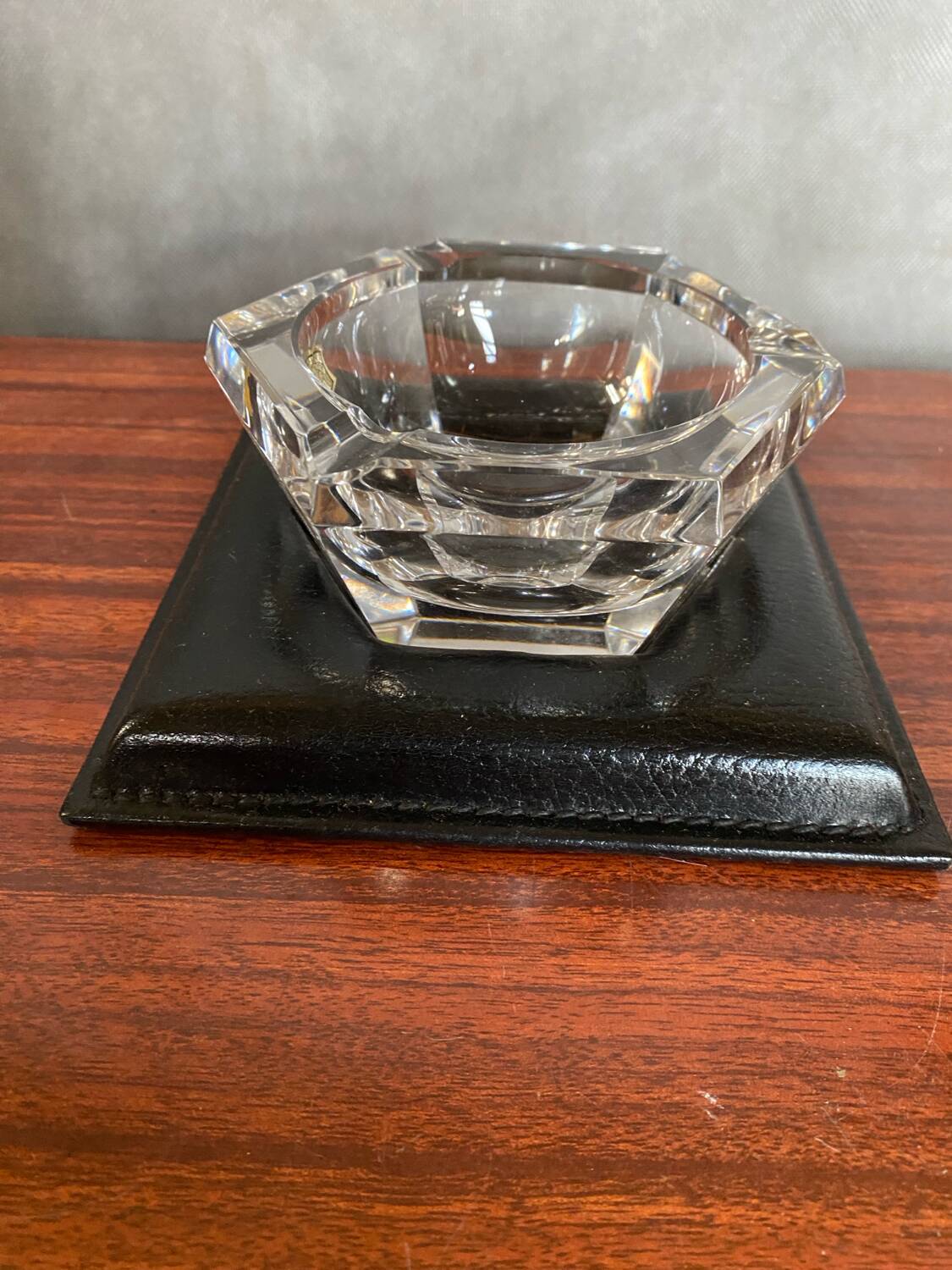 Old Val St Lambert Crystal Ashtray + Le Tanneur Leather Holder + Box