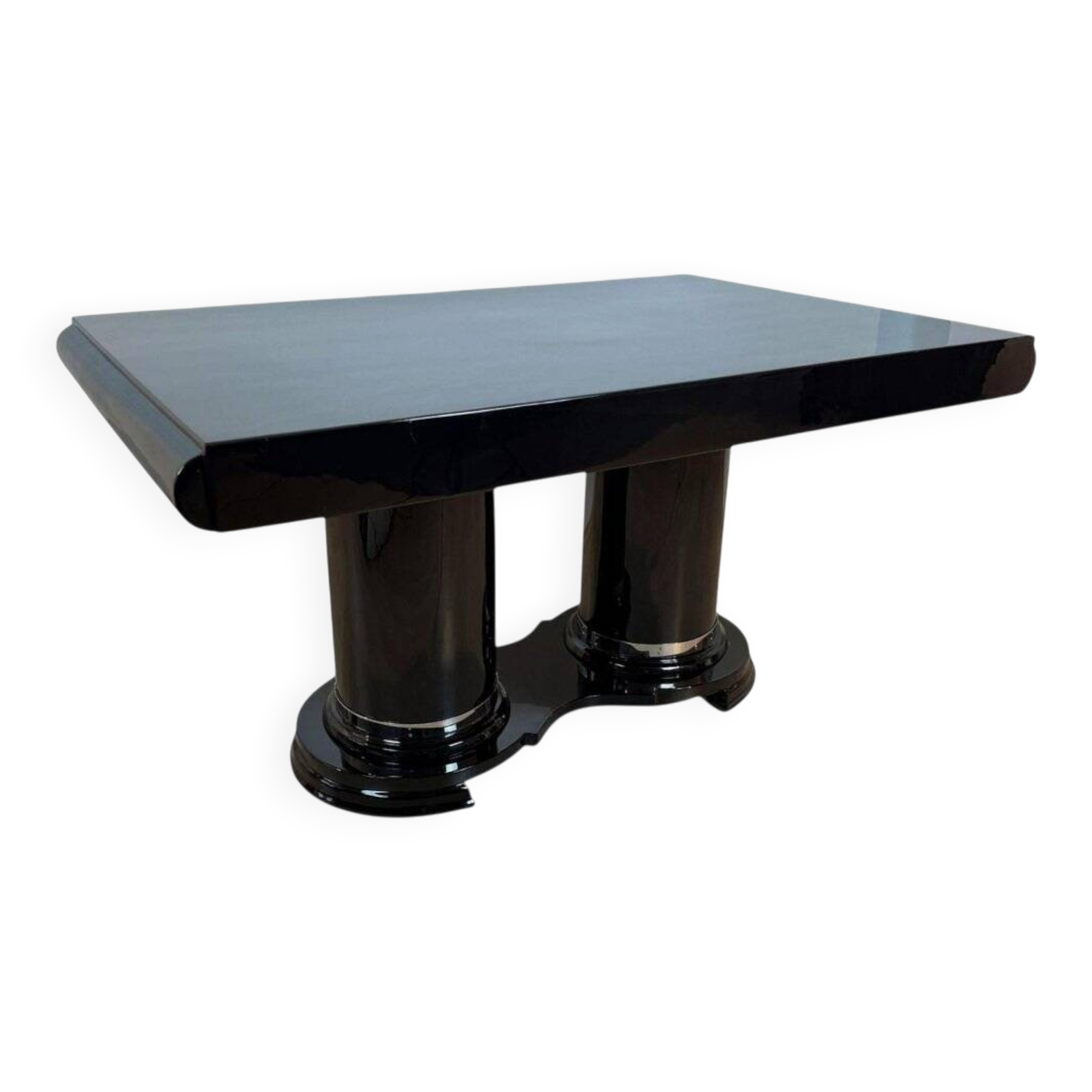 Art Deco dining table in black piano lacquer & metal, 1930