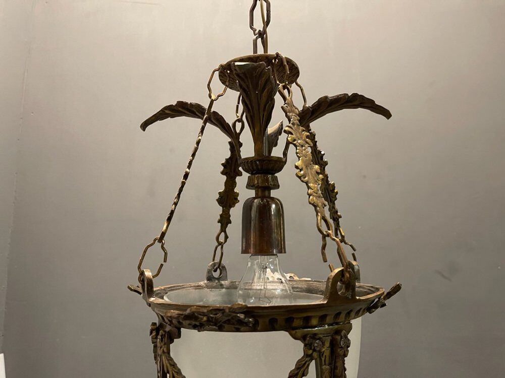 Bronze etched glass light pendants, 1970