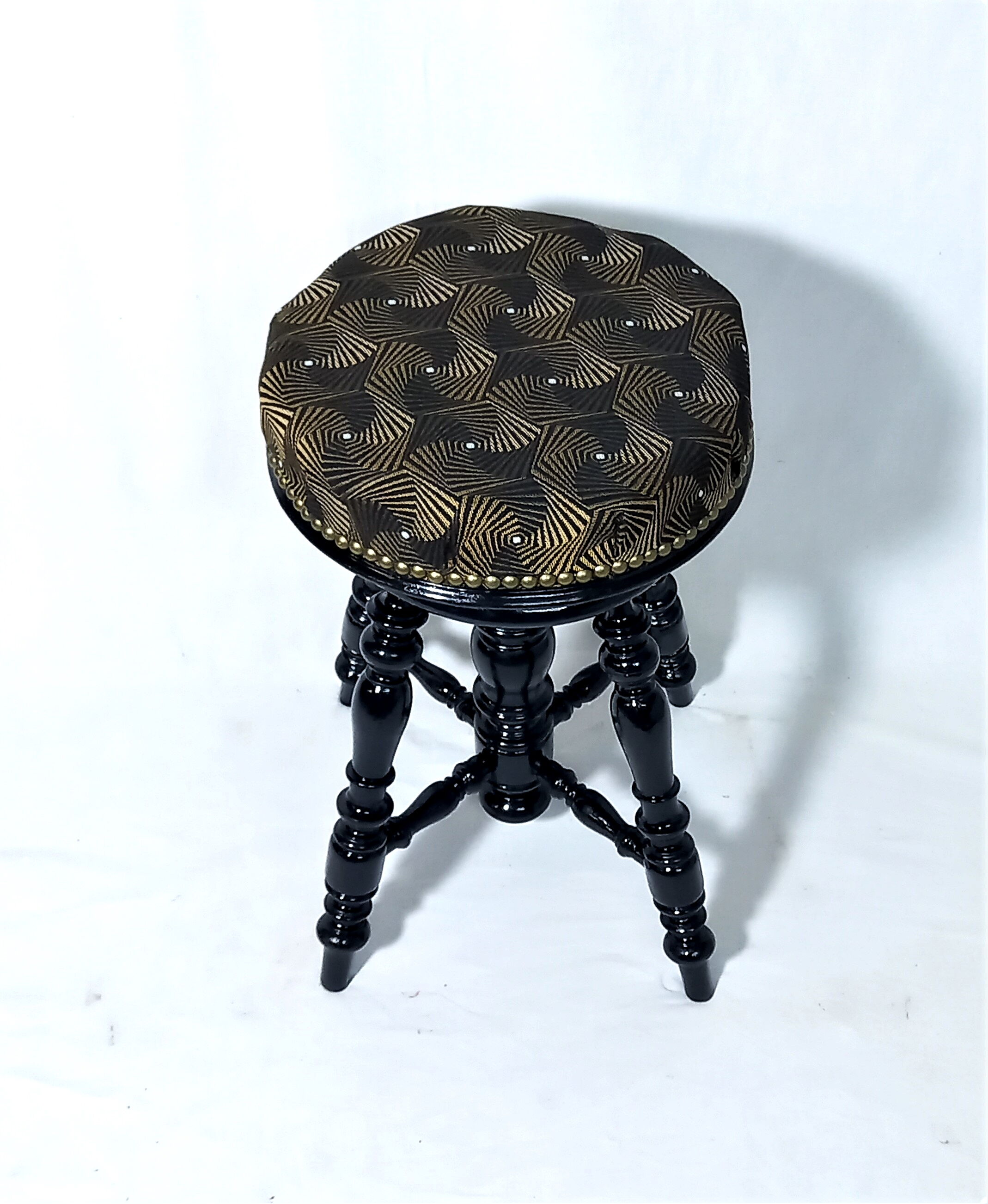 Old adjustable piano stool Napoleon III style with black & gold fabric
