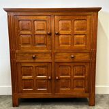 Artisan brutalist oak cabinet with turned knobs, France, 1970s