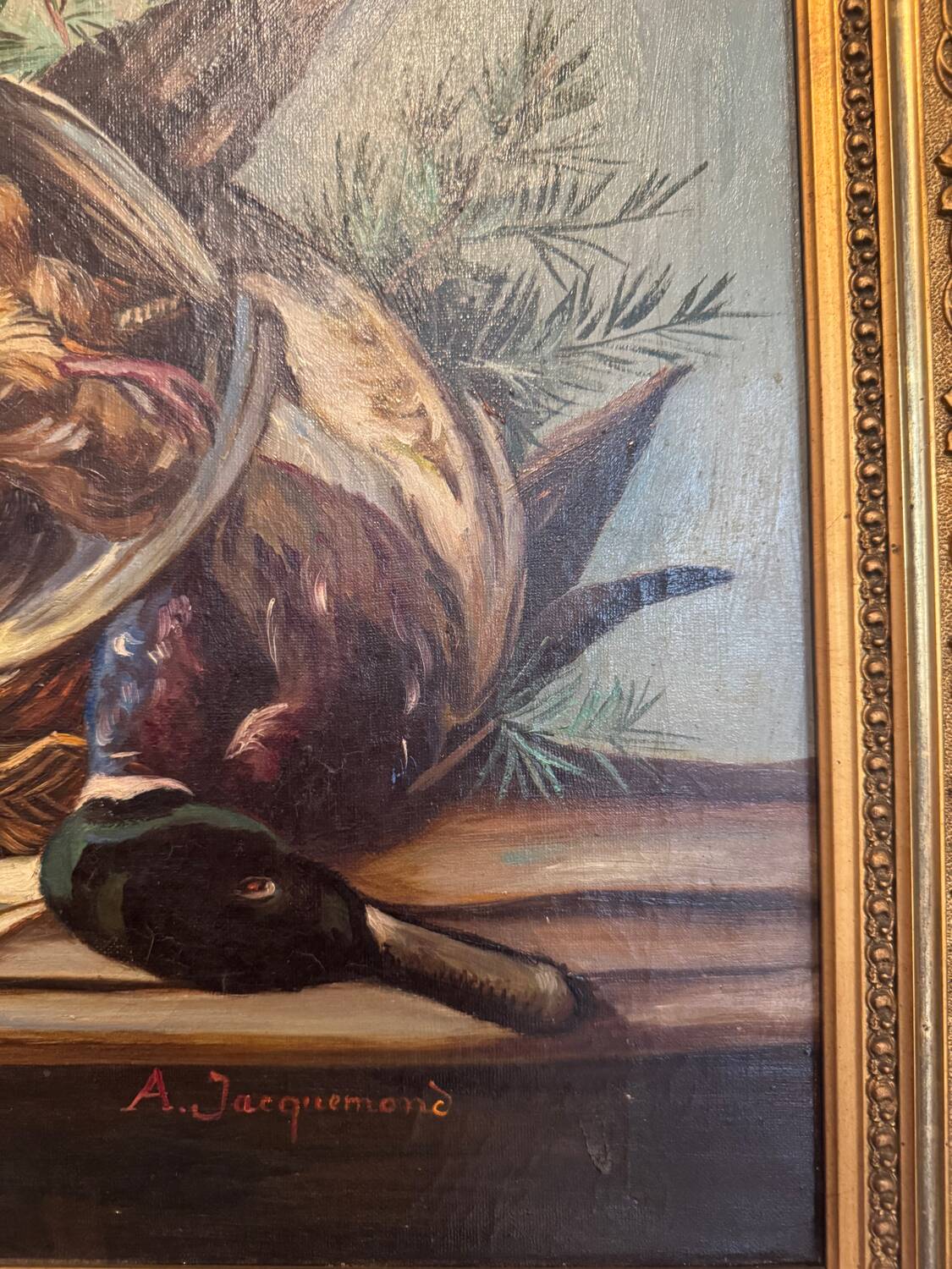 Still life with bottle and game, signed, 20th century