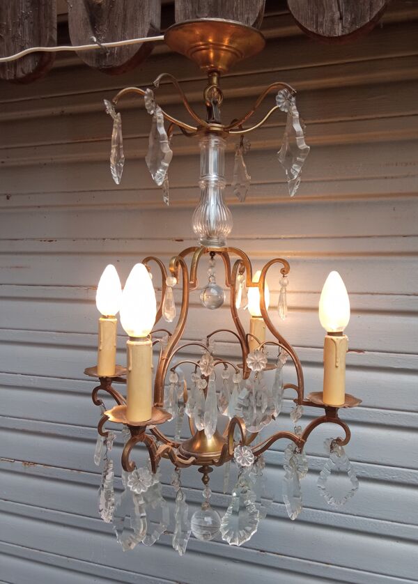 Lustre cage 4 feux à pampilles de cristal